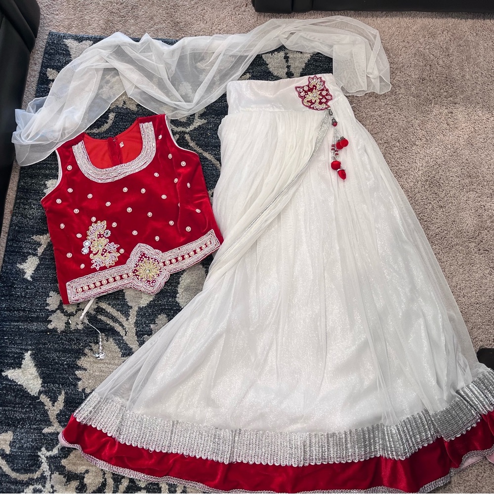 Girls Red & White Party Lehenga Choli - Girls Elegant Wear
